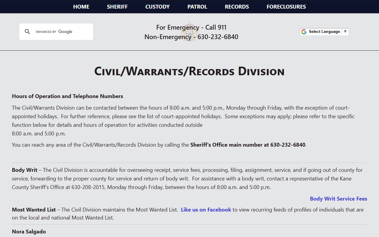 Kane County Sheriff Civil and Warrants Division page tied to court records after an arrest