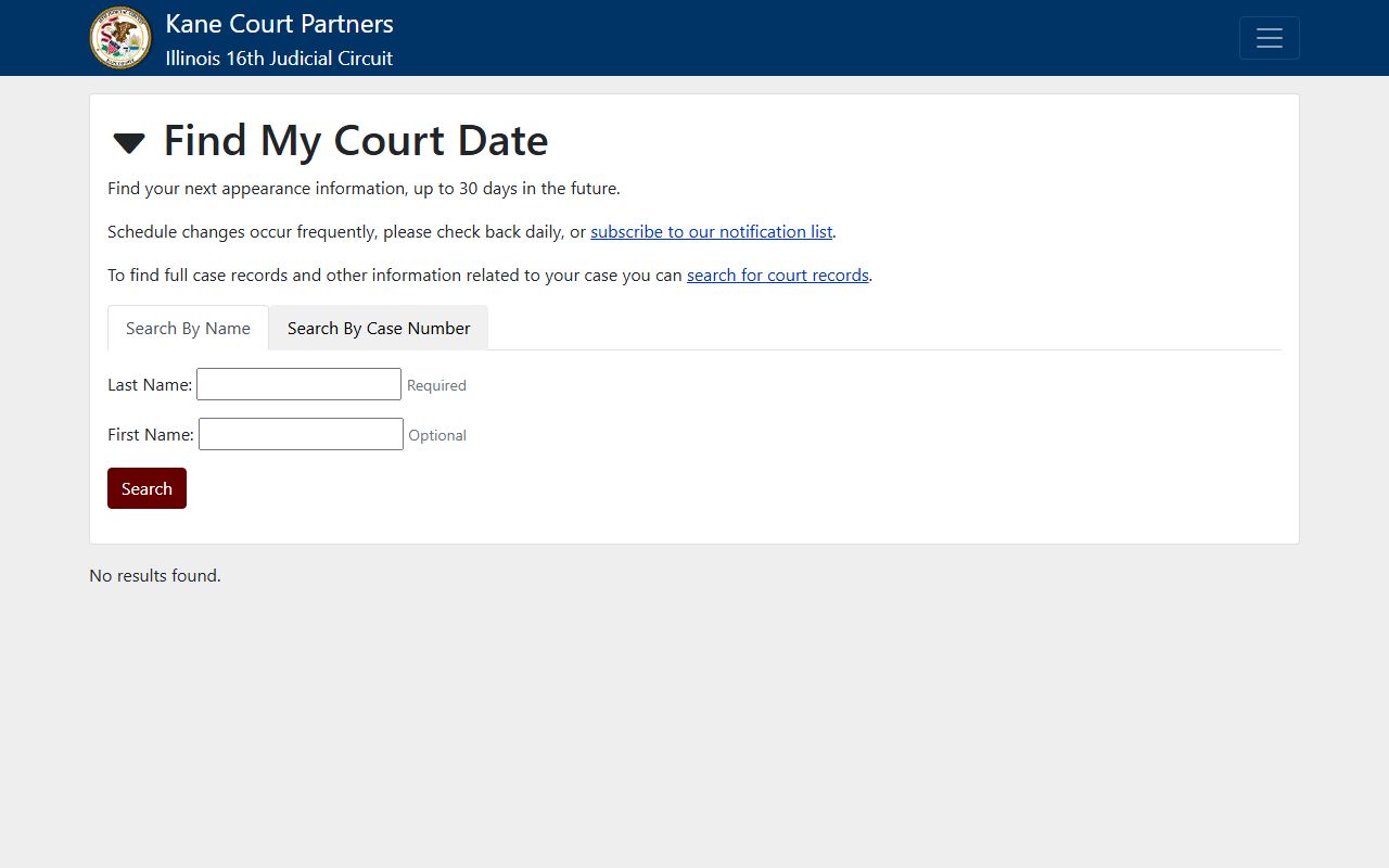 Kane County court-date search used to find court records after an arrest