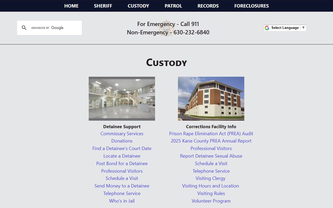 Kane County Sheriff custody menu linking the detainee search where jail mugshots appear