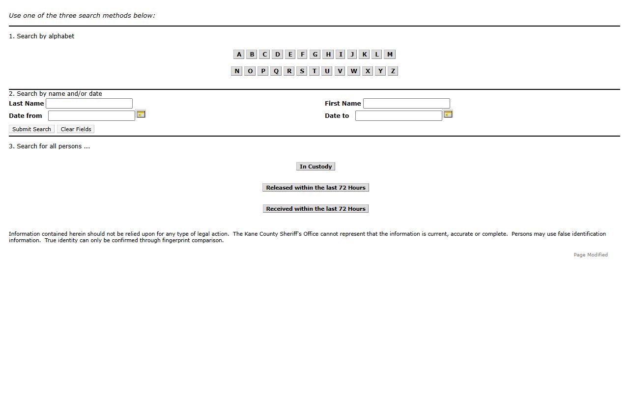 Kane County inmate population detainee search form with alphabet, name, and custody options