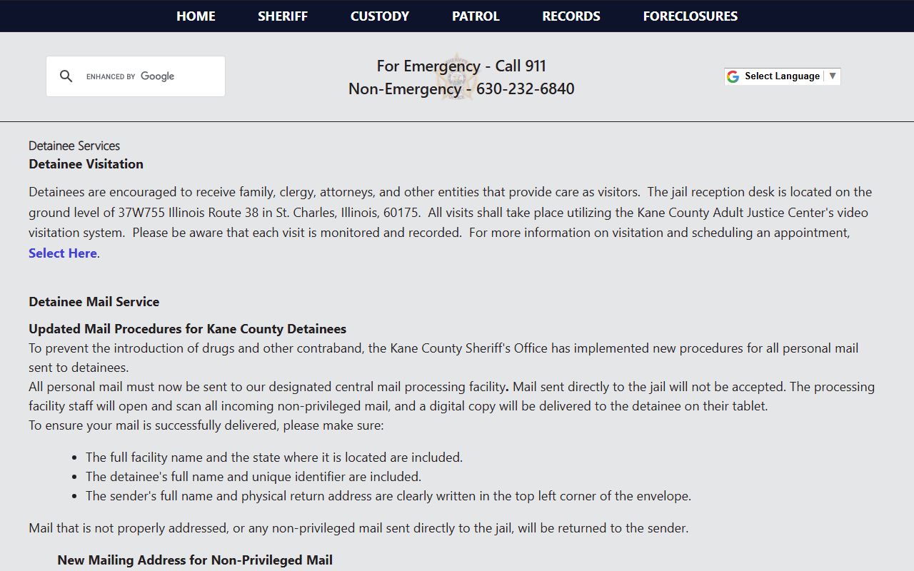 Kane County Adult Justice Center detainee services page for inmate lookup and contact