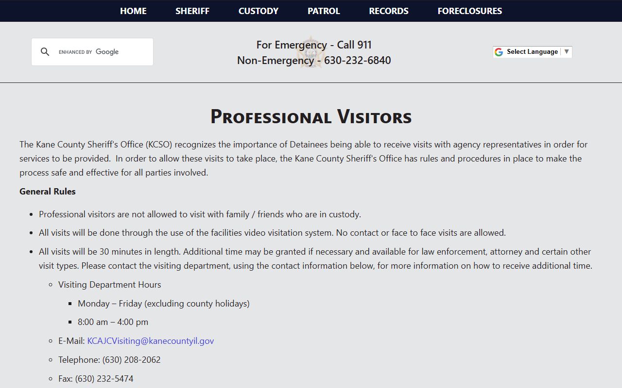 Kane County Adult Justice Center professional visitor rules for inmate visits