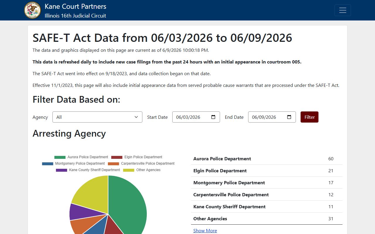 Kane County SAFE-T Act dashboard tracking charges and court records after an arrest