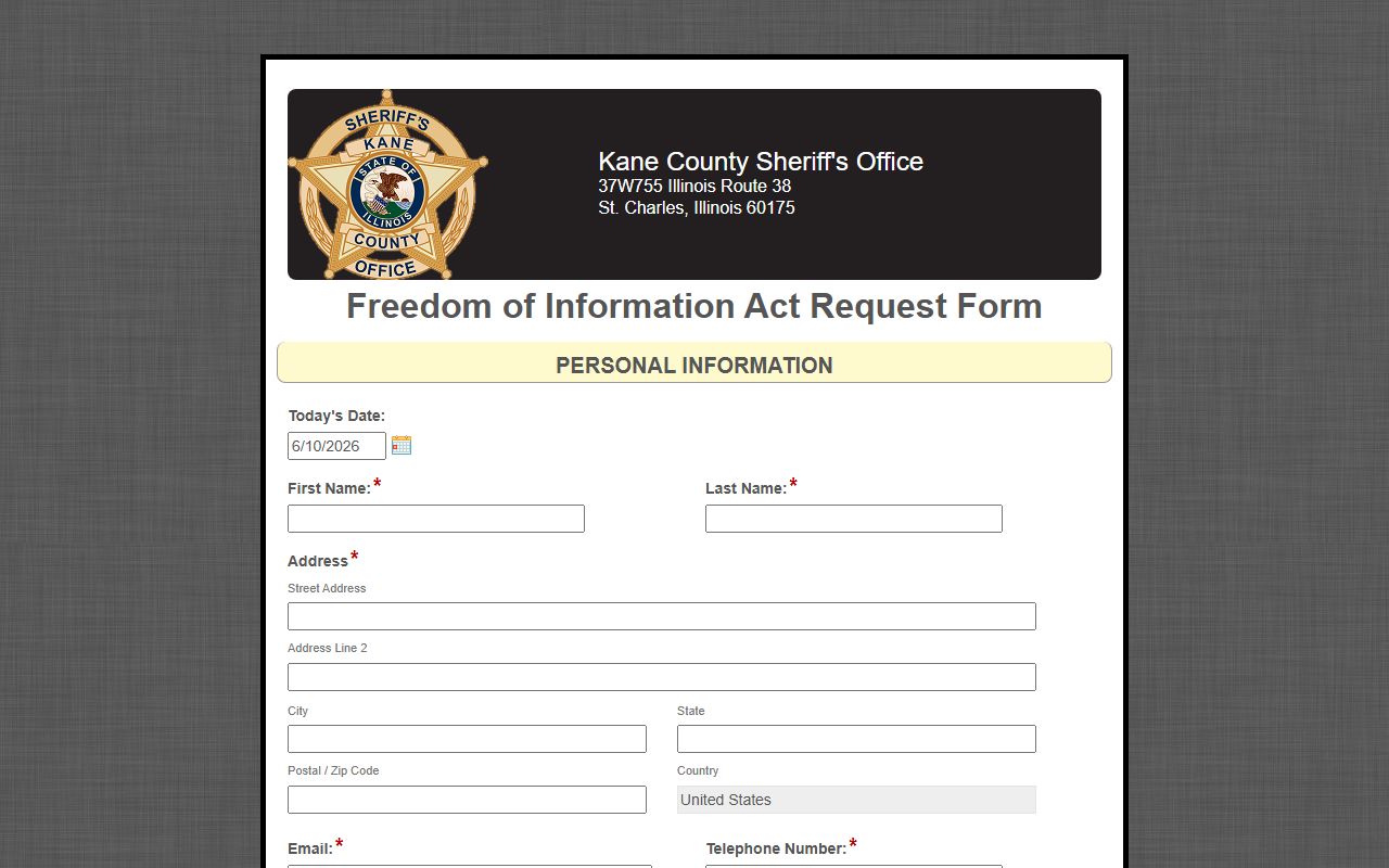 Kane County Sheriff FOIA form used to request a jail booking photo