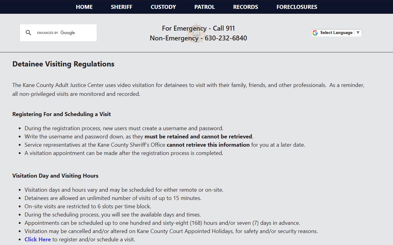 Kane County Adult Justice Center visiting rules for inmate visits