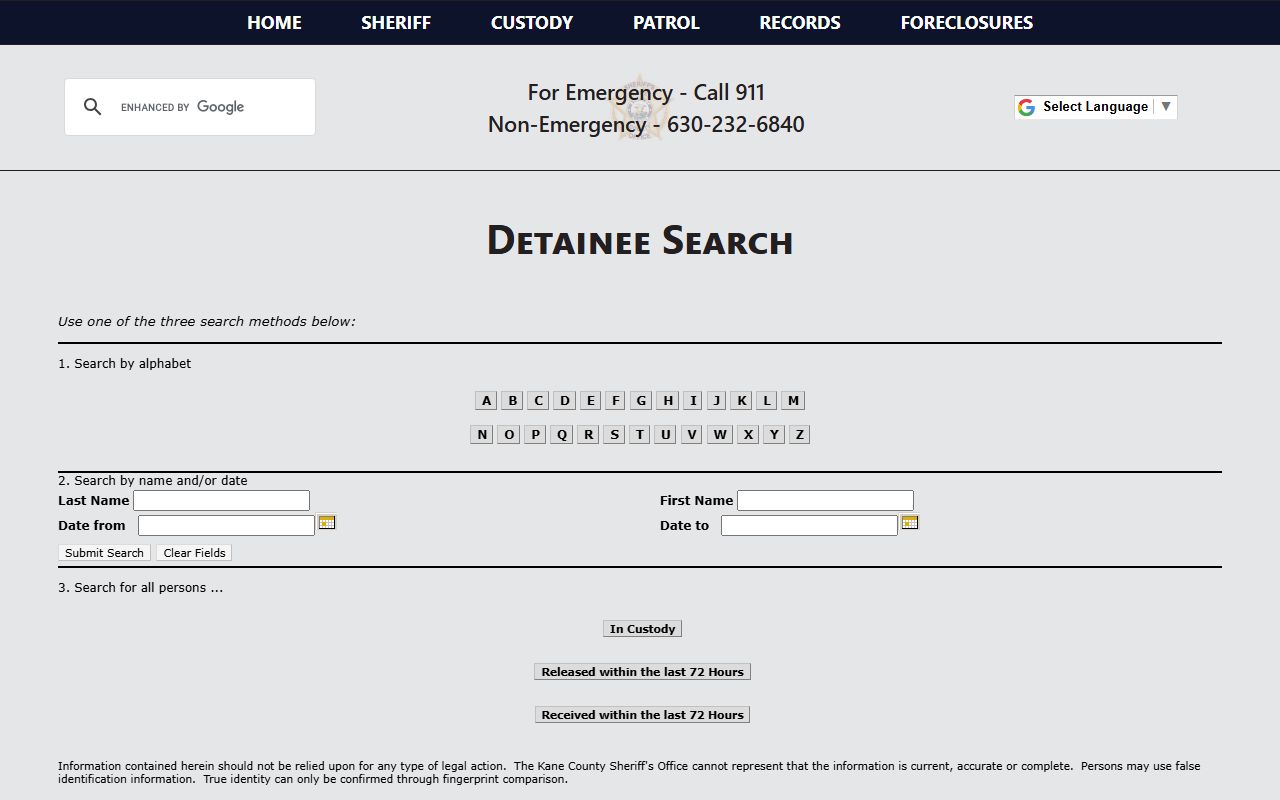 Kane County Sheriff detainee search page for jail inmate records